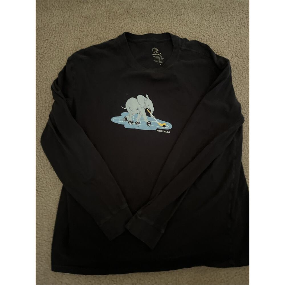 Ivory Ella Womens Blue Elephant Graphic Logo Long Sleeve Shirt Black M. Hockey